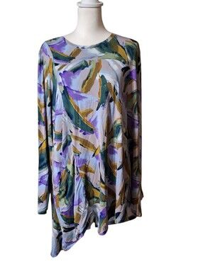 LOGO Lori Goldstein Womens 1X Asymmetric Hem Artsy Lagenlook Top Plus Colorful